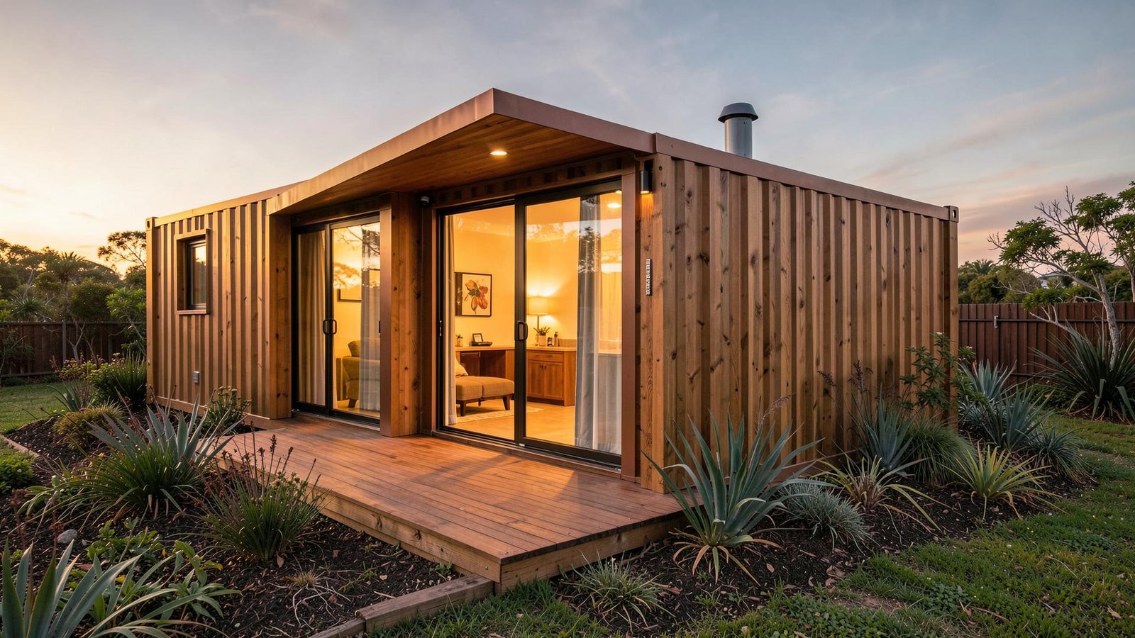 Warm timber-clad container home glowing at golden hour
