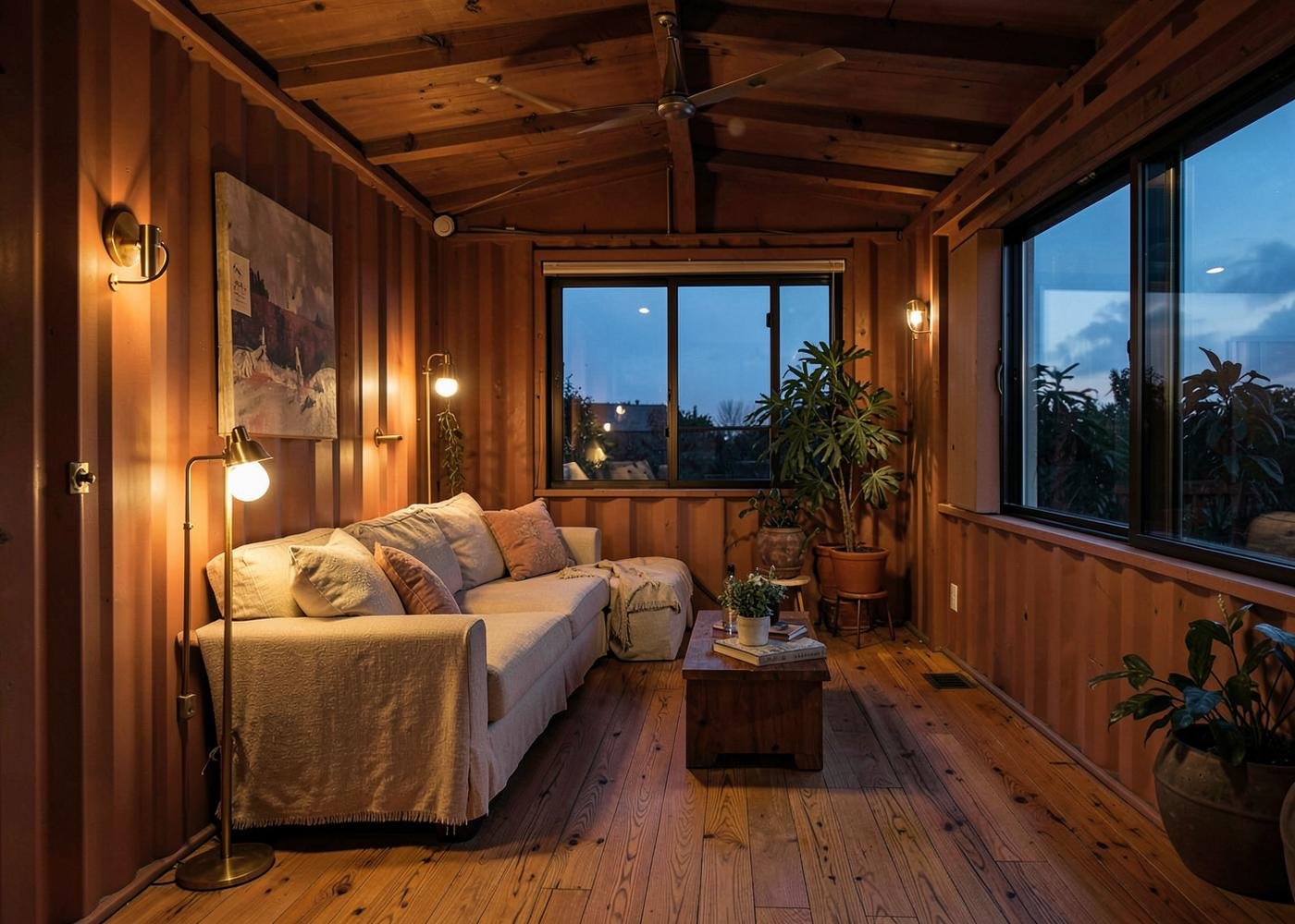 Warm interior of a modified shipping container home with timber floors and soft lamplight